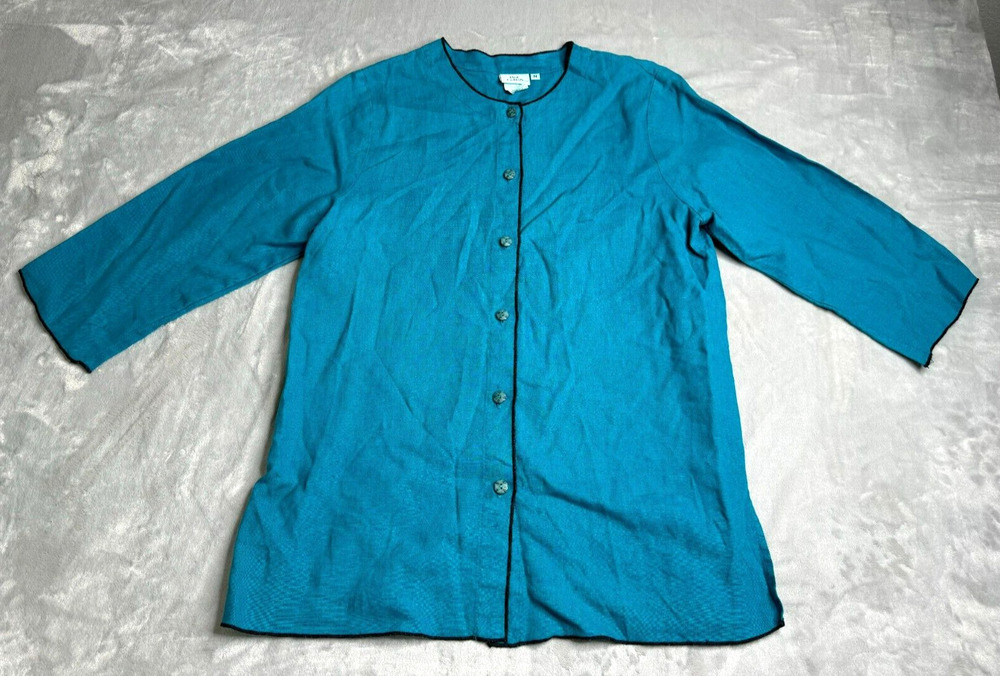 Hot Cotton Blazer Jacket Womens Medium Blue 100% Linen Button Front 3/4 Sleeve